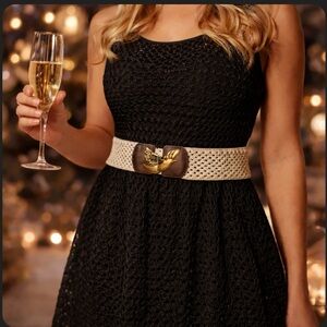 Boho Beige Crochet Stretch Belt L/XL | Brass Bird Buckle